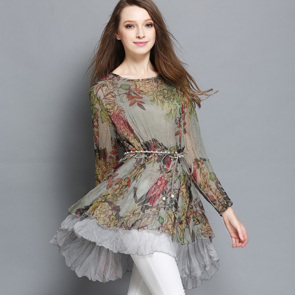 NEW2016 Spring women long sleeve Big bottom asymmetrical floral printed loose chiffon Dress ruffled Vestidos plus size XXXXL8990