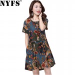 NYFS 2018 New Summer dress Short Sleeve Print Vintage Dress Women Vintage Maternity Cotton Linen Dress Vestidos Robe