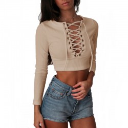 Nadafair Long Sleeve Laced Up Criss Cross Short T Shirt White Black Grey Khaki Casual Women Crop Top