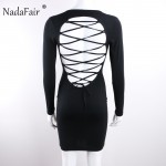 Nadafair Long Sleeve Stretchy Sexy Club Bandage Bodycon Dress 2017 Women Black Red Lace Up Backless Party Dresses