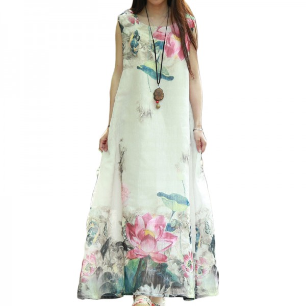 National Trend Long Designer Dress Lotus Print Personality Silk Dress Loose Casual Maori Girl Style Dress Vestidos