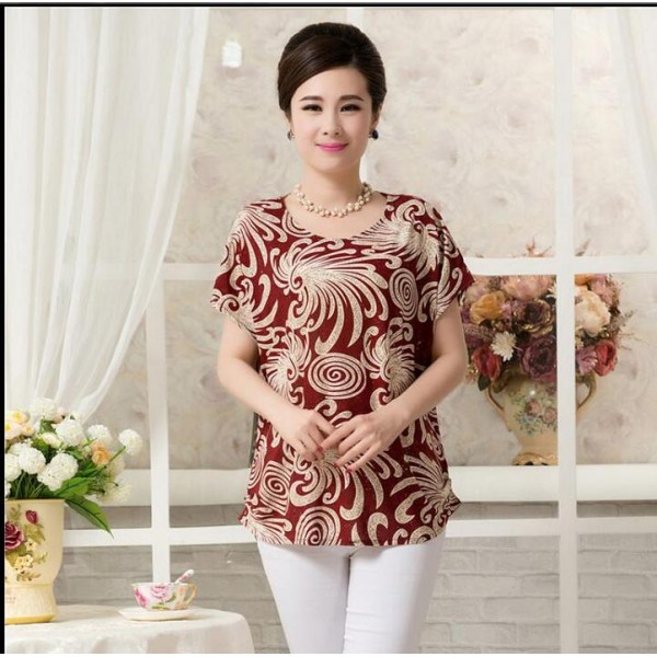 National wind Mother clothing middle-age women's summer print short-sleeve plus size loose tops shirts female t-shirt 4XL