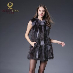 Natural Real Fox Fur Coat Genuine Black Colors Fox Medium Fur Waistcoat Russian Winter Long Fox Fur Vest Free Shipping  QS-90