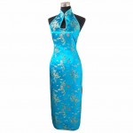 Navy Blue Traditional Chinese Halter Cheongsam Long Qipao Backless Costume Dress Size S M L XL XXL XXXL Mujeres Vestidos J3400
