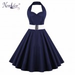 Nemidor 2018 Summer Elegant Halter Patchwork Swing Dress Sexy Backless Knee Length Belted Party Retro Dress