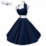 Nemidor 2018 Summer Elegant Halter Patchwork Swing Dress Sexy Backless Knee Length Belted Party Retro Dress