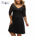 Nemidor 2018 Summer Women Casual V-neck  3XL A-line Knee Length Dress Elegant Half Sleeve Patchwork Plus Size Dress