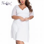 Nemidor 2018 Summer Women Casual V-neck  3XL A-line Knee Length Dress Elegant Half Sleeve Patchwork Plus Size Dress