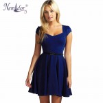 Nemidor 2018 Women Elegant V-neck Solid Retro Mini Dresses Casual Short Sleeve Belted Party Swing Dress