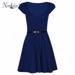 Nemidor 2018 Women Elegant V-neck Solid Retro Mini Dresses Casual Short Sleeve Belted Party Swing Dress