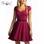 Nemidor 2018 Women Elegant V-neck Solid Retro Mini Dresses Casual Short Sleeve Belted Party Swing Dress