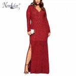 Nemidor 2018 Women Sexy V-neck 1950S Vintage Plus Size Dress 7XL 8XL 9XL Long Sleeve Party Lace Split Long Maxi Dress