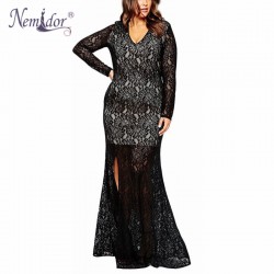 Nemidor 2018 Women Sexy V-neck 1950S Vintage Plus Size Dress 7XL 8XL 9XL Long Sleeve Party Lace Split Long Maxi Dress