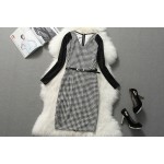 Nemidor Autumn Style Women V neck Long Sleeve Plaid Pattern Elegant  Dress Vintage Midi Sheath Bodycon Dress