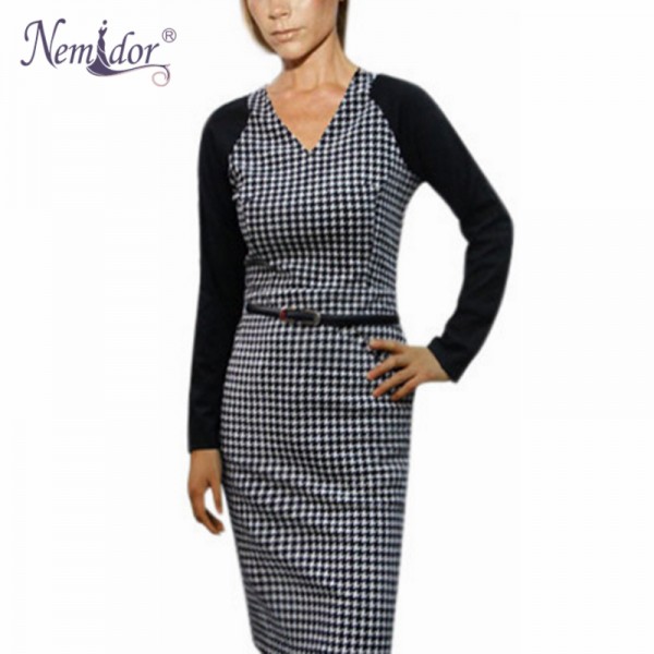 Nemidor Autumn Style Women V neck Long Sleeve Plaid Pattern Elegant  Dress Vintage Midi Sheath Bodycon Dress