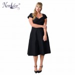 Nemidor Autumn Winter Dress Women Short Sleeve Elegant Black Midi Casual Dresses Plus Size V-neck A-line Dress