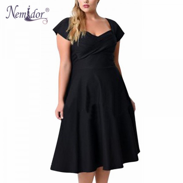 Nemidor Autumn Winter Dress Women Short Sleeve Elegant Black Midi Casual Dresses Plus Size V-neck A-line Dress