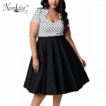 Nemidor Women Plus Size Sexy 4XL Square Collar Midi Dress Dot Patchwork Short Sleeve Vintage Swing A-line Dress