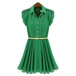New 2014 Fashion Women Summer Spring Dress Lapel Single Breasted Tunic Chiffon Casual Dress Green Pink S/M/L/XL Free Shipping