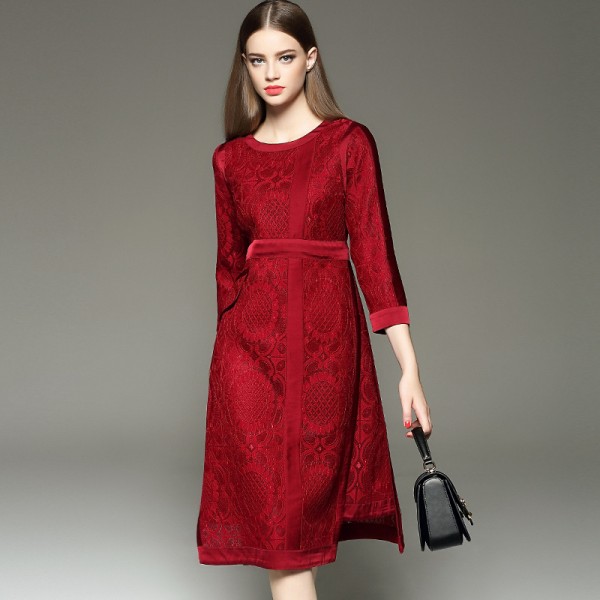New 2015 autumn winter fashion women luxury sexy black red lace dress a-line hollow out mesh elegant midi mid-calf dresses