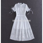 New 2015 summer style brand fashion bohemian women white hollow out lace dress midi mid calf elegant short sleeve bow dresses