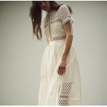 New 2015 summer style brand fashion bohemian women white hollow out lace dress midi mid calf elegant short sleeve bow dresses