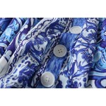 New 2015 summer women vintage fashion brand blue white porcelain print dress spaghetti strap buttons slim midi dresses