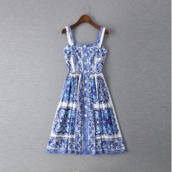 New 2015 summer women vintage fashion brand blue white porcelain print dress spaghetti strap buttons slim midi dresses