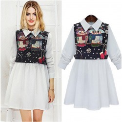 New 2016 Autumn Winter Fashion Women Two-piece Dress Printing Retro Jacquard Slim Vest Lapel  Long-sleeved Dress