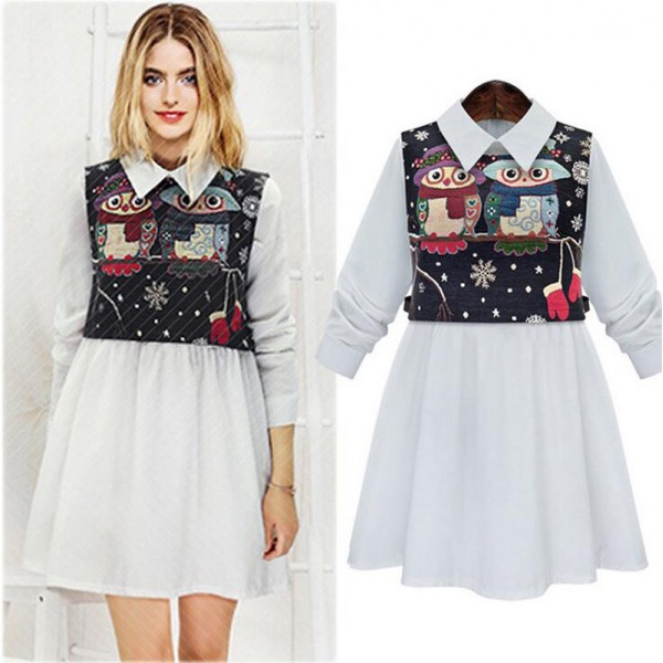 New 2016 Autumn Winter Fashion Women Two-piece Dress Printing Retro Jacquard Slim Vest Lapel  Long-sleeved Dress