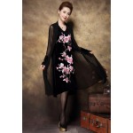 New 2016 Autumn Women Plus size floral embroidery  Dress faux two vintage dress high-end middle age gold velvet dress XXXXL