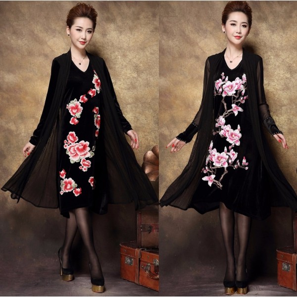 New 2016 Autumn Women Plus size floral embroidery  Dress faux two vintage dress high-end middle age gold velvet dress XXXXL