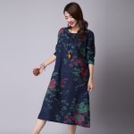 New 2016 Fashion Summer Autumn Women Casual Cotton Vintage Print O-neck Long Loose Dress Bohemian Plus Size Dresses 154J 25