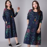 New 2016 Fashion Summer Autumn Women Casual Cotton Vintage Print O-neck Long Loose Dress Bohemian Plus Size Dresses 154J 25