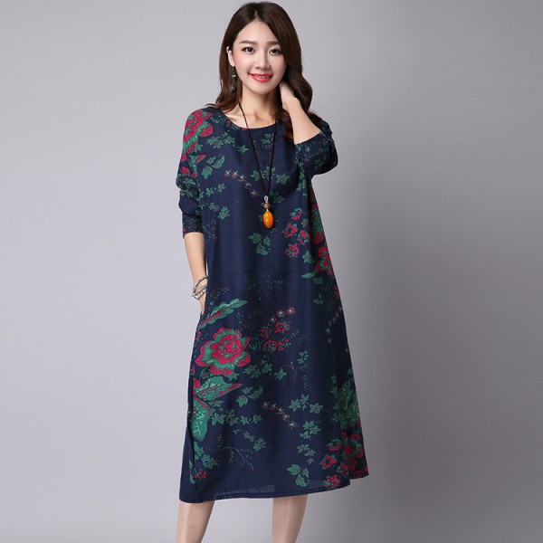 New 2016 Fashion Summer Autumn Women Casual Cotton Vintage Print O-neck Long Loose Dress Bohemian Plus Size Dresses 154J 25