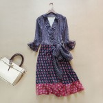New 2016 autumn fall fashion elegant women fashion wrap dress flare sleeve floral patterns print waist bow casual sexy dresses