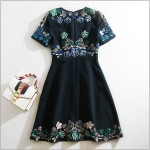 New 2016 autumn winter fashion women luxury floral embroidery dress sexy v-neck bow tie short sleeve a-line casual dresses black