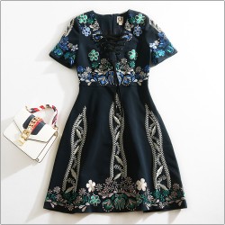 New 2016 autumn winter fashion women luxury floral embroidery dress sexy v-neck bow tie short sleeve a-line casual dresses black