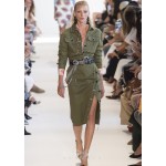 New 2016 autumn winter runway fashion women cool military style dress long sleeve side slit belt army green dresses pockets