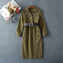 New 2016 autumn winter runway fashion women cool military style dress long sleeve side slit belt army green dresses pockets