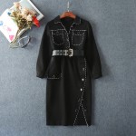New 2016 autumn winter runway fashion women cool military style dress long sleeve side slit belt army green dresses pockets