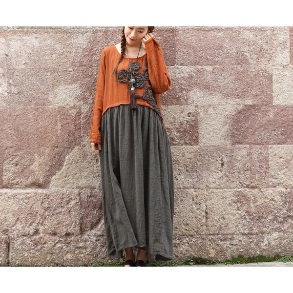 New 2016 spring Women cotton linen embroidered long-sleeved Mori style dress Pactwork colors loose waist dress for female 86113