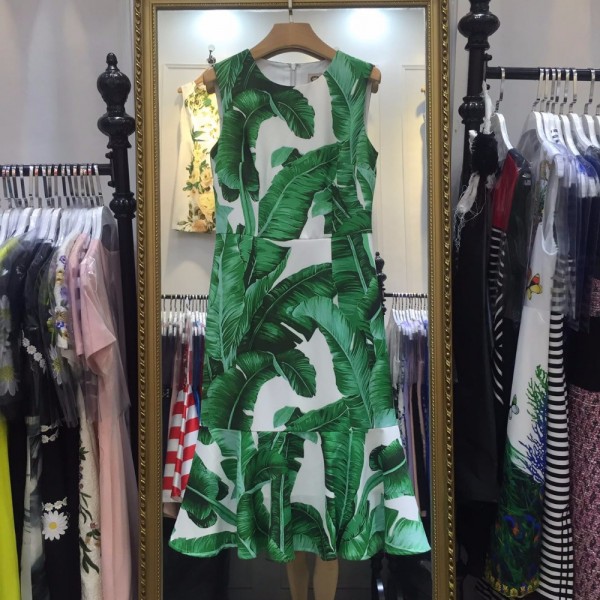 New 2016 spring summer fashion women elegant sexy sheath mermaid dress banana leaf print sleeveless midi mid-calf casual dresses