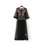 New 2017 Autumn Vestidos Fashion Women O Neck Dresses Casual Vintage Floral Embroidery Mesh Dress Ropa Mujer