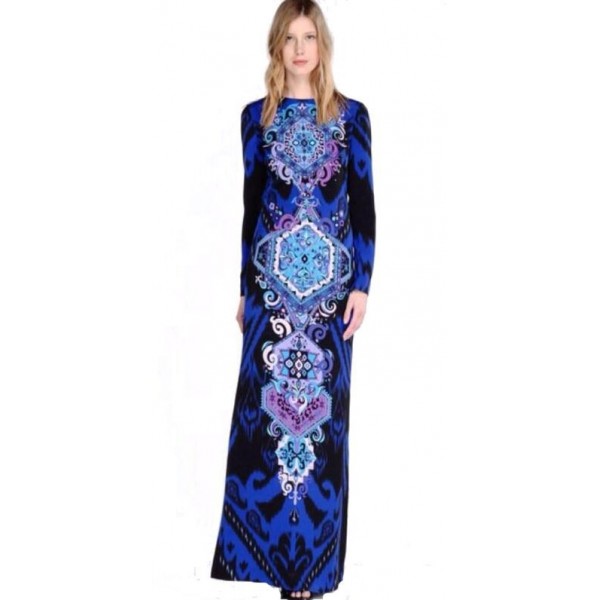 New 2017 Designer Luxury Brands Autumn Women's Long Sleeves Baroque Print Stretch Jersey Silk Maxi Slim Party Dress