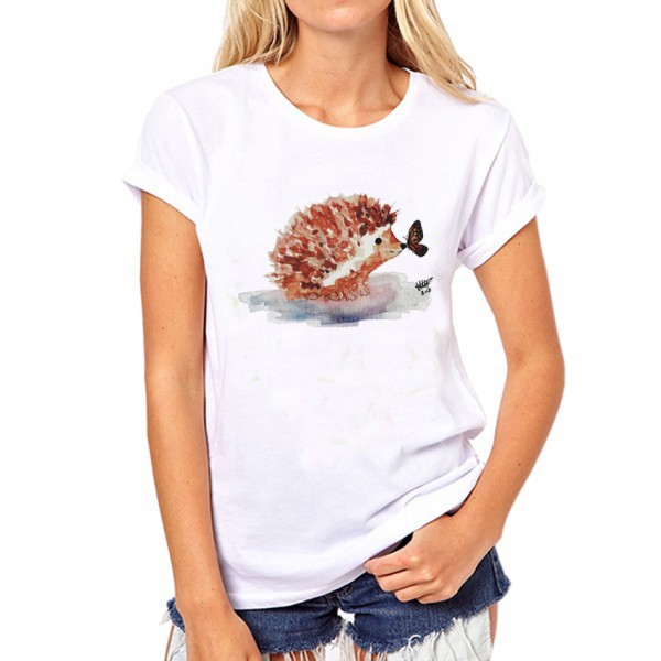 New 2017 Fashion Hedgehog Kiss Butterfly T Shirt Women Summer Novelty Paint Printed Tops Hispter Round Neck T-shirts