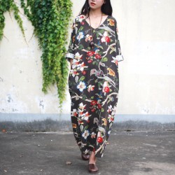 New 2017 Fashion Runway Designer Spring Summer Dress Women Three Quarter Sleeve Colored Button Elegant Linen Floral Print Dress