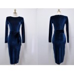 New 2017 Spring Autumn Velvet Dress Women Long Sleeve High Split Sexy Evening Party Bodycon Dresses With Sashes Vestidos 1311