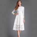 New 2017 Spring Fashion Hollow Out Elegant White Lace Elegant Party Dress High Quality Women Long Sleeve Casual Dresses H016