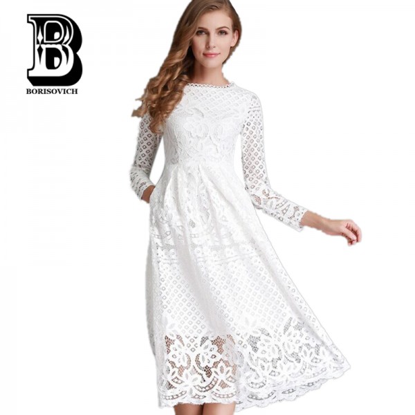 New 2017 Spring Fashion Hollow Out Elegant White Lace Elegant Party Dress High Quality Women Long Sleeve Casual Dresses H016